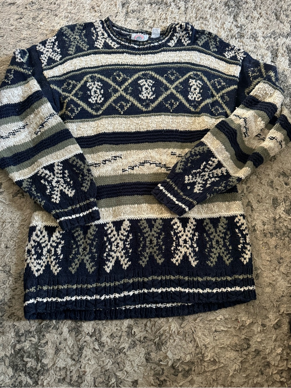 Men's cape isle knitters hand knitted Navy and Cream Patterned Crewneck Sweater